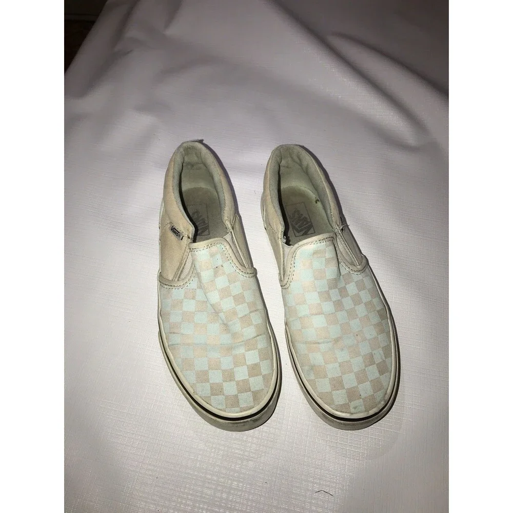 VANS Slip-On Checkerboard Canvas Sneakers Light Blue Beige White-missy 4.5